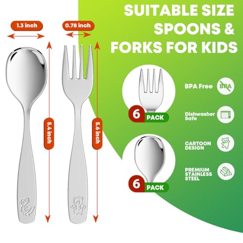 12 Pieces Toddler Utensils, Kids Stainless Steel Silverware Set - 6pcs Forks and 6pcs Spoon, Cute Children Flatware Sets with Mirror Polished, Self Feeding Safe, Dishwasher Safe - color: 12 Pieces Set