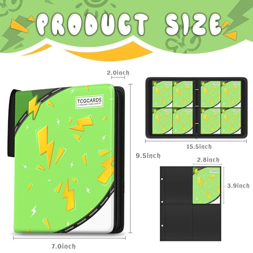 Trading Card Binder 4 Pocket,Card Binder 400 Pockets,Card Book Holder Cards with 50 Removable Sleeves,3-Ring Zip Design MTG/TCG/Sport Collectible Trading Card Albums Gifts for Boys and Girls(Green) - color: Green, size: Small