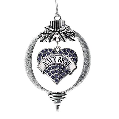 Inspired Silver - Navy Brat - Silver Christmas Ornament - Blue Pave Heart Charm Christmas Tree Ornament with Cubic Zirconia - Holiday Hanging Decoration - style: Navy Brat