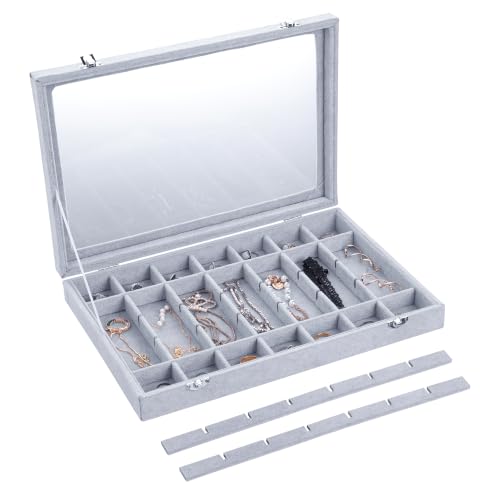 Frebeauty 35 Grid Earring Organizer,Velvet Jewelry Tray with Clear Lid - color: Grey, size: 35 Grid