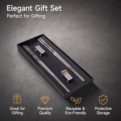 JEETEE Metal Chopsticks, 2 Pairs Stainless Steel with Holder - color: Gray