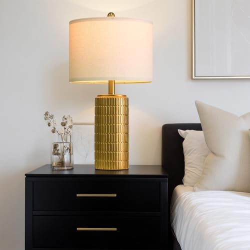 PoKat 23" Brass Gold Ceramic Table Lamps for Living Room, Retro Warm Gold Lamps for Night Stands, Vintage Bronze Decorative Lamps for Bedroom, Antique Gold Brown Nightstand Lamps for Home Decor - color: Gold
