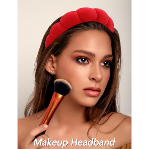 VELSCRUN Spa Headbands for Wash Face, Makeup Headband, Facial Skincare Headbands, 5 Pcs Red Puffy Sponge Spa Headband Bow Tie Hair Band Hair Clips Wristband Set Women Girls Accessories - color: Red