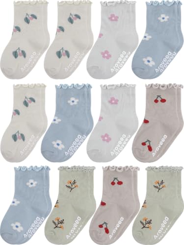 Aroveea Toddler Socks Non Slip Grip Baby Girls Kids Ankle Cute 12 Pack - color: Muted Ruffle, size: 3-5T