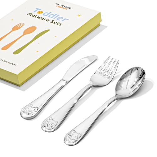 KINGSTONE 3 Pcs Kids Fork, Spoon & Knife Set, Stainless Steel, Cat & Dog - color: Cat & Dog, size: 3-Piece (Large)