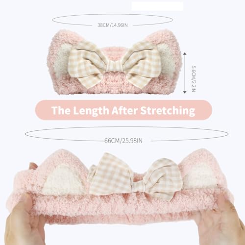 PERFECTSIGHT Kawaii Headband for Spa, Makeup, Washing Face, Party - 2 Pack Cute Cat Ear Hair Band for Shower Beauty Skincare, Soft Facial Headbands for Girls and Women (White+Pink Bow) - color: White+Pink Bow