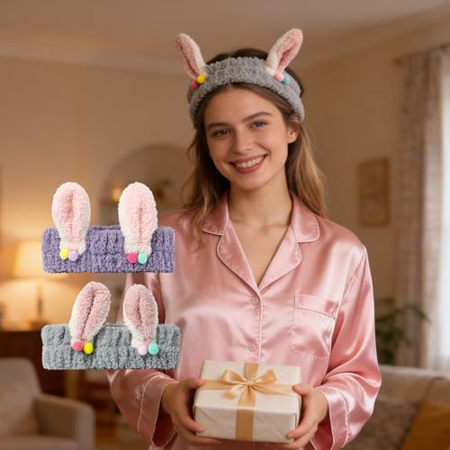 PERFECTSIGHT Kawaii Headband for Spa, Makeup, Washing Face, Party - 2 Pack Cute Hair Band for Shower Beauty Skincare, Soft Facial Headbands for Girls and Women (Purple+Gray Rabbit Ear) - color: Purple+Gray Rabbit Ear