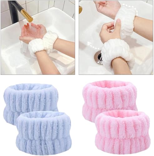2 Pcs Spa Face Washing Wristbands,Microfiber Wrist Towels Absorbent Facial Elastic Wristbands Makeup Wash Wrist Towels,Reusable Absorbent Stop Water Run Down Arms (Blue,Pink)