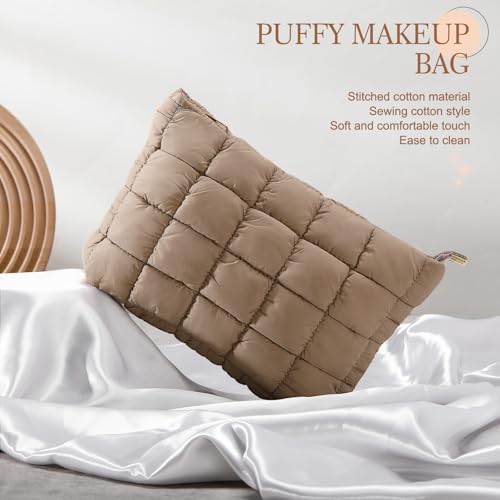 Hillban Light Tan Puffy Quilted Makeup Bag Cute Cosmetic Bag Gift, Classic - color: Light Tan, size: Classic