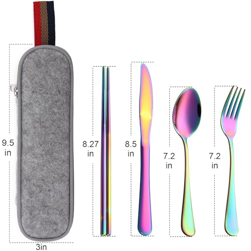 DEVICO Travel Utensils with Case, 5 Piece Portable Silverware Set for Work - color: Rainbow