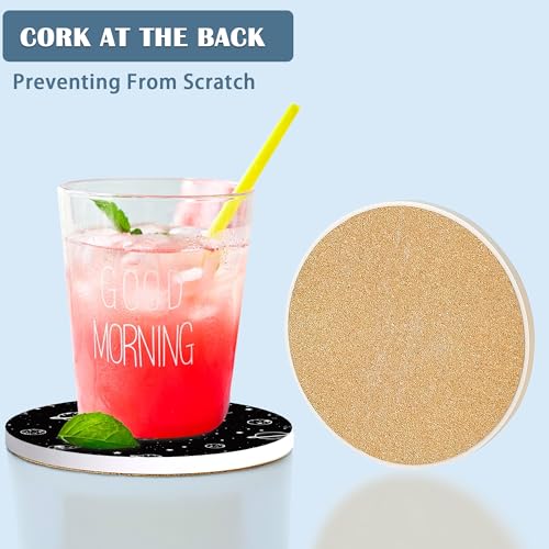 Drink Coasters Set of 4, Black and White Stars Planets and Aliens Coasters for Drinks Ceramic Coasters with Cork Bottom for Kinds of Mugs and Cups,Home Decor,4'' - color: Black and White Stars Planets and Aliens