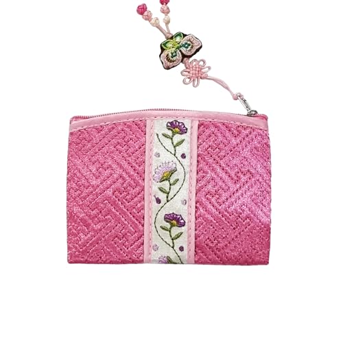 Seoulful Vintage Korean Embroidered Card Pouch - Wildflower Design Coin Purse with Butterfly Charm - Traditional Korean New Year & Chuseok Gift (Light Pink) - color: Light Pink