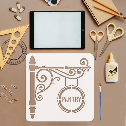 FINGERINSPIRE Pantry Stencil with Paint Brush 11.8x11.8inch Reusable Kitchen Sign Drawing Template Decorative Pantry Sign Pattern Stencil for Painting on Wall Wood Home Kitchen Restaurant Decoration - style: Pantry Sign
