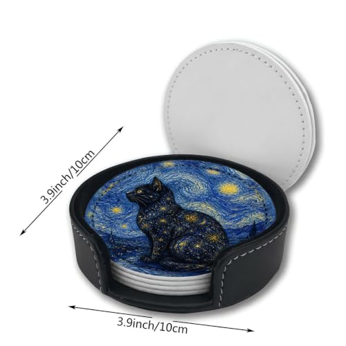 Cat Art Coasters for Drinks with Holder Leather Coasters Set of 6 for Bar Coffee Table - color: Cat Art