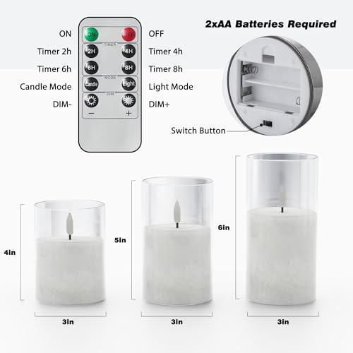 VIODAIM Ice Crystal Real Wax Glass Flameless Candles with Remote & Timer, Battery Operated Candles with Warm Flickering Flame, Realistic LED Candle for Wedding Home Decor [D3×H4/5"/6"] Clear, 3Pack - color: Clear