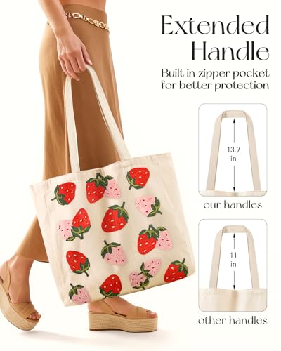Miss Adola Embroidery Canvas Tote Bag with Pocket & Buckle - color: Strawberry