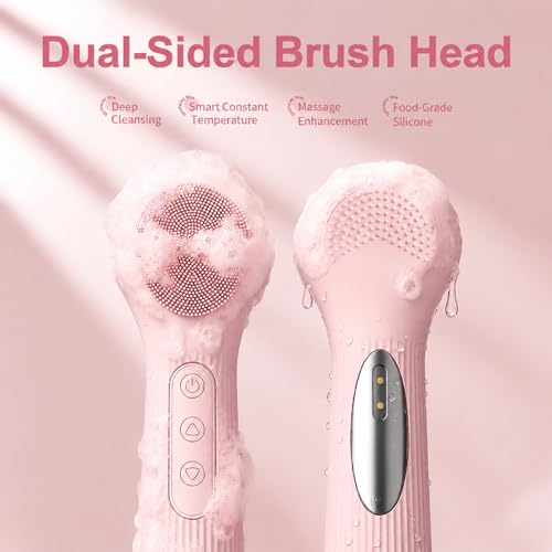 Silicone Facial Brush, Rechargeable Face Scrubber with 3 Vibration Settings, Exfoliator Face Scrubber with Massaging and Deep Cleaning, IPX7 Waterproof Facial Cleansing Brush for Women Men (Pink) - color: Pink