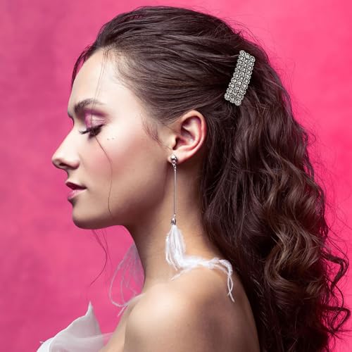 HINZIC 2Pcs Rhinestone Snap Hair Clips Sparkly Crystal Barrettes Silver Black Rectangular Hairpins Korean Wedding Party Accessories for Women