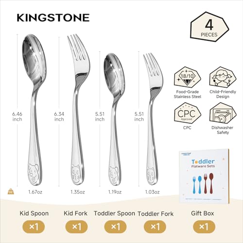 KINGSTONE 4 Pcs Toddler Utensils Gift Set, 18/10 Stainless Steel, Cat & Dog - color: Cat & Dog, size: 4-Piece (Large & Small)