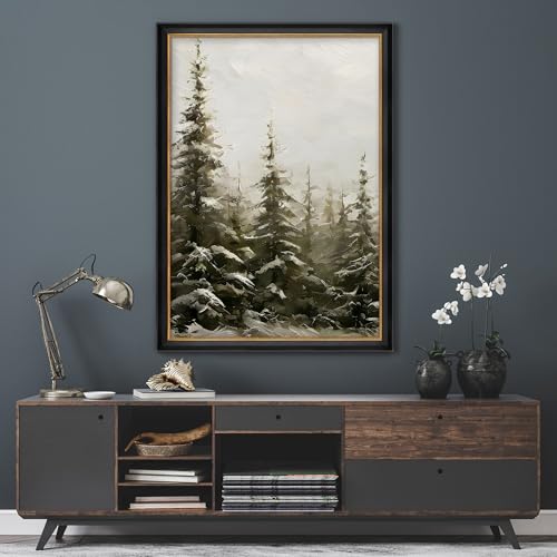 MUDECOR Premium Framed Canvas Print Wall Art Snowy Pine Trees in Winter Forest Illustrations Modern Art Contemporary Scenic Fun Warm for Living Room, Bedroom, Office - 26"x36" Black - color: A07-2308-b37, size: 36"L x 26"W, style: Black Frame
