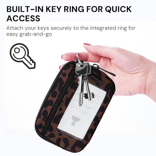 Wristlet Wallet for Women with Clear ID Window, Zip Coin Purse and Keychain - color: Brown Leopard Print
