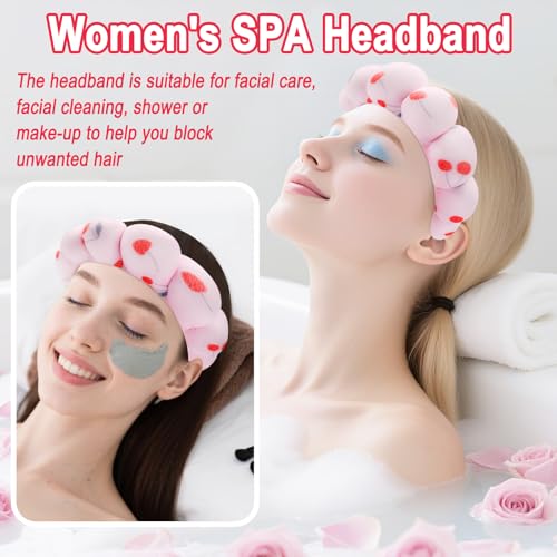 Zkptops Spa Headband for Washing Face Wristband Set Sponge Makeup Skincare Headband Velvet Fabric Bubble Soft Get Ready Hairbands for Women Puffy Headwear Non Slip Thick Thin Hair Accessory (Cherries) - color: ZYC Cherries