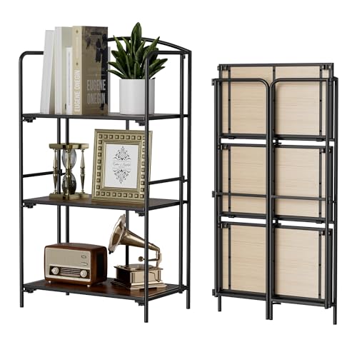 Crofy 3-Tier Foldable Bookshelf, Black Frame & Walnut Shelves - color: Black Frame & Walnut Shelf, size: 3 Tier