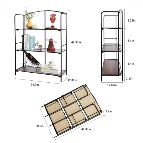 Crofy 3-Tier Wider Foldable Bookshelf, Black Frame & Walnut Shelves - color: Black Frame & Walnut Shelf, size: 3 Tier Wider