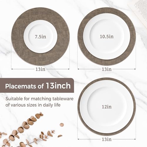 13" Round Placemats Set of 6, Reversible Faux Leather Wipeable Table Mats - color: Dark Coffee