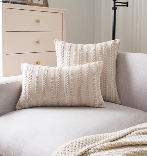 Cethom Boho Throw Pillow Covers 12x20 Inch Set of 2, Farmhouse Decorative Couch Pillow Cases, Beige Accent Pillows of Bed, Sofa Bedroom Living Room Home Decor Cushion Cover - color: Beige, size: 20" x 12" (Pack of 2)