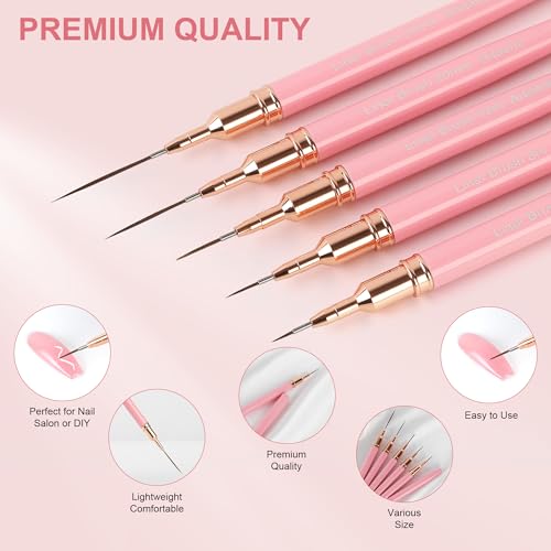 Artdone Metallic Nail Art Pens, Liner Brushes Set, 5PCS Pink Nail Tools - color: Pink Liner Brush Set