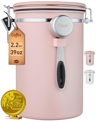 Veken Coffee Canister,39OZ, 2.2lbs,Large Airtight Stainless Steel Container - color: Pink, size: 39 oz