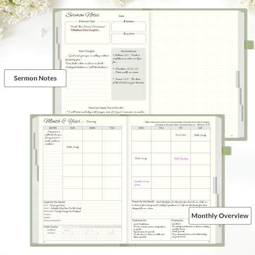 SUNEE Christian Bible Study & Prayer Journal – Undated 6-Month Scripture Notebook for Daily Devotional & Faith Growth, Meaningful Religious Gift for Women, Men, Pastor or Graduation (Grey Green) - color: Grey Green