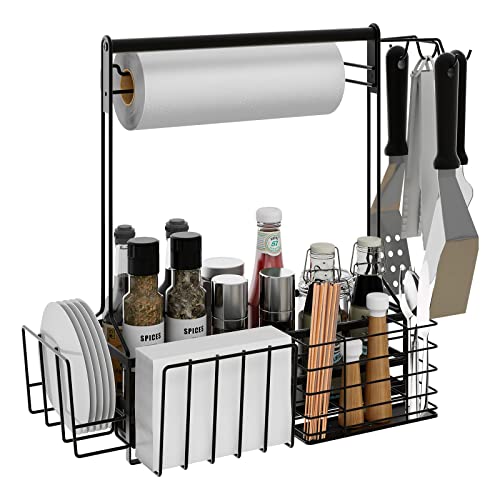 BBQ Caddy,Grill Caddy for Outdoor Grilling with Paper Towel Holder - color: Black