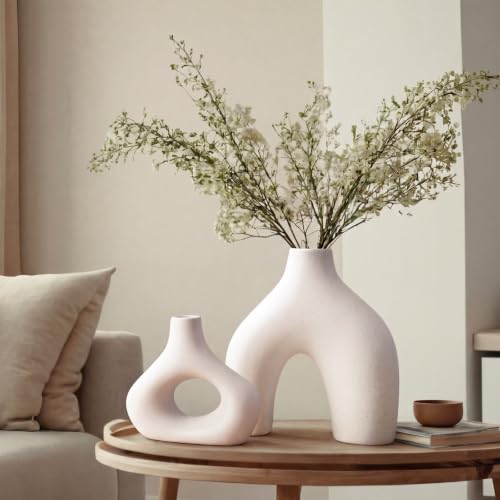 Patelai Set of 2 Mid Century Modern Home Decor Donut Vases, White - color: White