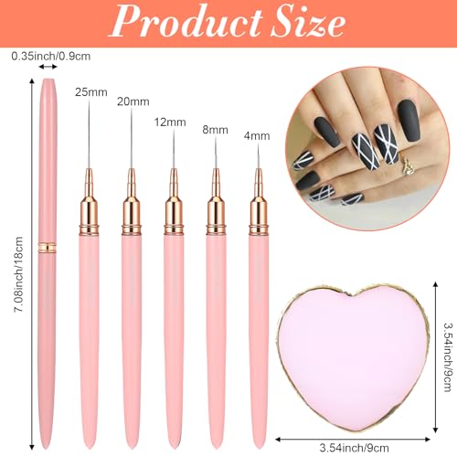 5 Pcs Metallic Nail Art Brushes Liner Brushes Set with Nail Art Mixing Palette Nails Dotting Drawing Tool for Long Lines Thin Detail Fine Liner Brush UV Gel Polish Painting Nails Design 4/8/12/20/25mm - color: Pink