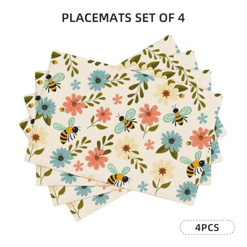 Pink and Blue Flower Bee Placemats Set of 4 12x18 Inch - color: Colorful, size: Set of 4