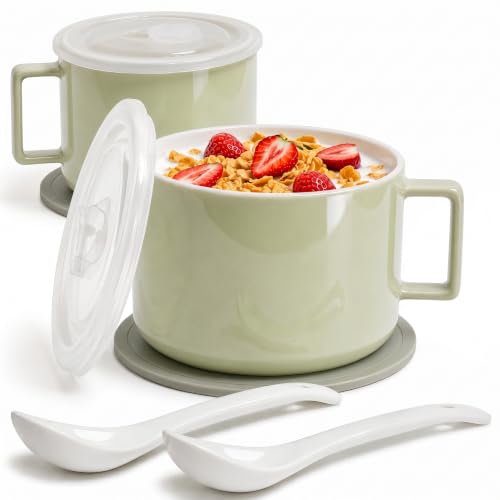 Ceramic Soup Bowls with Handles & Lids, Set of 2 with Spoons & Trivets, 30oz Large Soup Mugs, Oven Safe Bowls for Soup, Ramen, Oatmeal & Cereal, Microwave & Dishwasher Safe, Green - color: Green