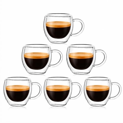 2.5oz Espresso Cups Set of 6, Small Expresso Shot Glass, Clear Expresso Coffee Cup with Handle, Double Wall Insulated Espresso Mugs,Tazas De Cafe Expreso, Suif for Espresso Machine Accessories - size: 2.5oz-6pack