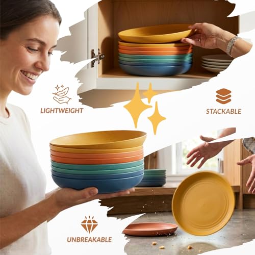 Homienly Deep Dessert Plates Unbreakable Wheat Straw Dinner Plates 8 PCS Microwave & Dishwasher Safe Plates Sets for Kitchen, Camping, Reusable Plastic Plates for Kids, Appetizer (Colorful, 8 inch) - color: Classic Bright, size: 8 Inch