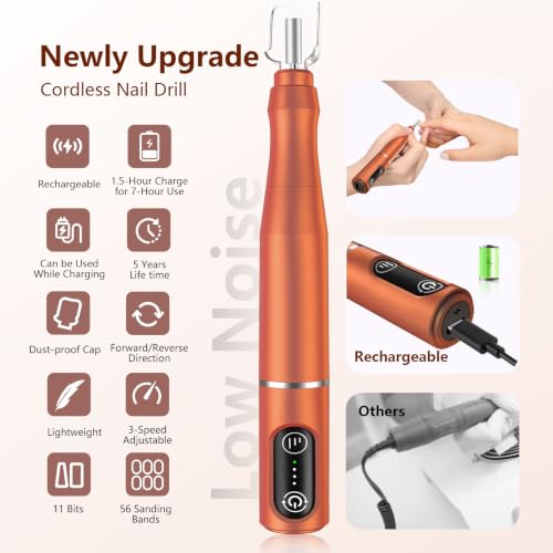TUOBEO Cordless Nail Drill Electric Nail File Kit, Rechargeable Efile Set - color: Orange