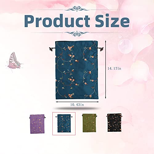 Embroidery Silk Flower Shoe Bag 4Pcs Drawstring Silk Travel Bag Jacquard Underwear Bags Washable Big Sachet Bag Storage Bags for Men Women - color: Black, green, peacock blue, dark violet