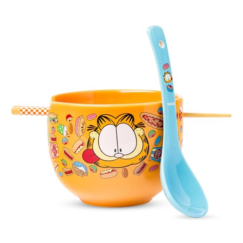 Silver Buffalo Garfield Hungry Junk Food, Ramen Bowl with Chopsticks, 20oz - color: Garfield Junk Food Spoon, size: 20 Ounces (With Spoon)