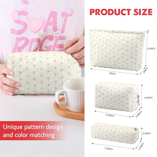 3 Pcs Makeup Bag Cosmetic Bag Set for Girls Women Checkered Travel Organizer Bathroom Toiletry Pouch Large Capacity Storage Bag(Small Flower Blue) - color: Small Flower Blue