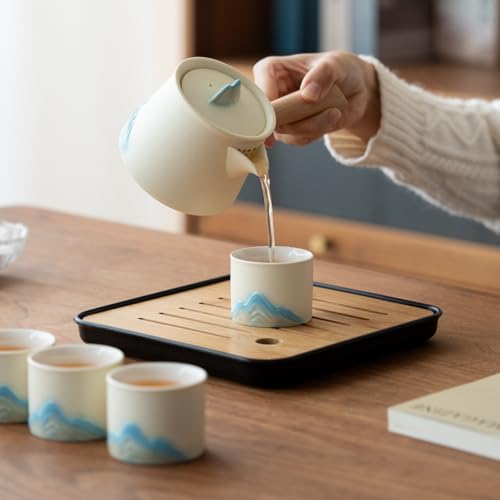Portable Chinese Tea Set with Carry Bag - White Complete Gongfu Teapot Set Includes Side Handle, 4 White Cups,Tea Tray & Strainer, Artistic Travel Teapot Kit for Camping, Office, Home & Gifts - color: White Side-Handle Teapot Set