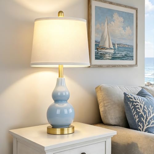 Rinweey 25" Tall Double Gourd Ceramic Lamps Set of 2, Coastal Bedside Lamps - color: Blue - 25"H