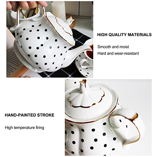 European Style Teapot Handmade Ceramic Teapot Pumpkin Fluted Shape Vintage Tea Party Set Gift (Polka dot)