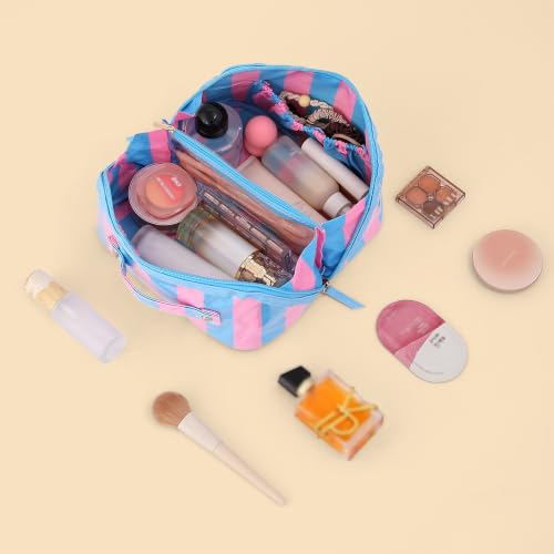 DYSHAYEN Travel Makeup Bag, Blue and Pink Striped - color: Blue-Pink