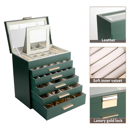 BOOVO Jewelry Box for Women, Green 6 Layer Large Jewelry Organizer with Glass Lid for Necklace, Bracelet, Earrings Storage, Jewelry Organizers and Storage for Girls Gift (Green and Gold, 6 layer) - color: Green and Gold, size: 6 layer