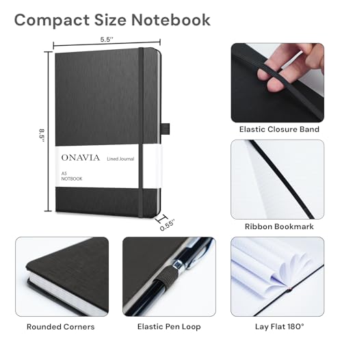 ONAVIA A5 Notebooks for Work, Lined Journal, 160 Pages - color: Black